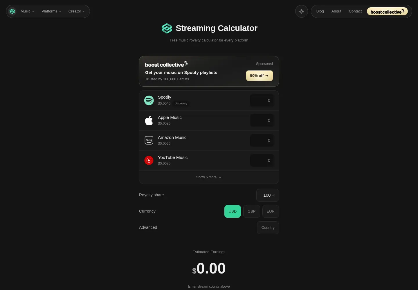 Screenshot of streamingcalculator.com