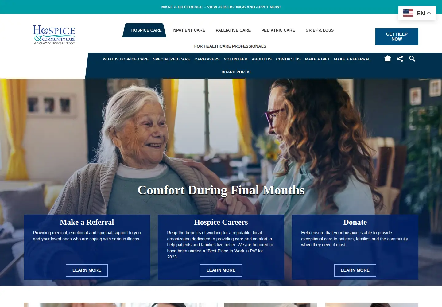 Captured homepage of hospiceandcommunitycare.org in the current scan
