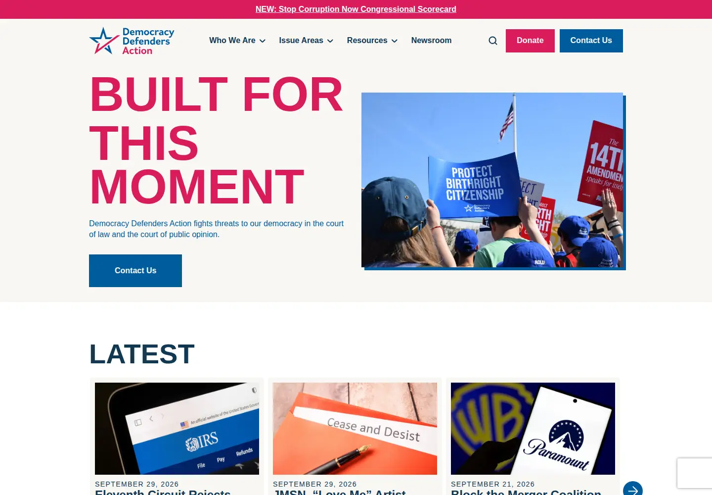 Captured homepage of democracydefendersaction.org in the current scan