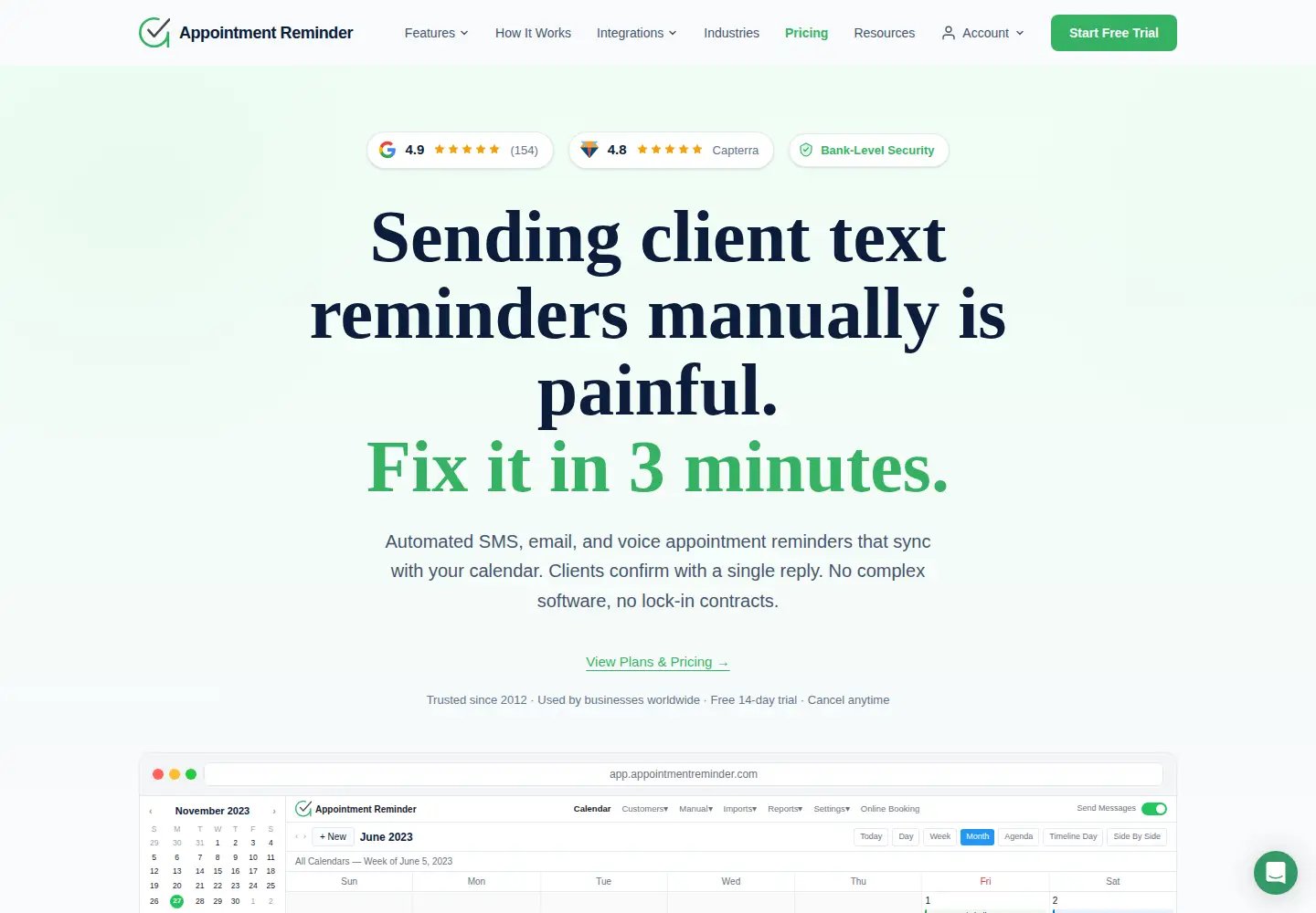 Captured homepage of appointmentreminder.com in the current scan