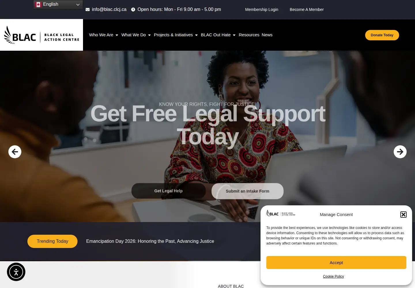 Captured homepage of blacklegalactioncentre.ca in the current scan