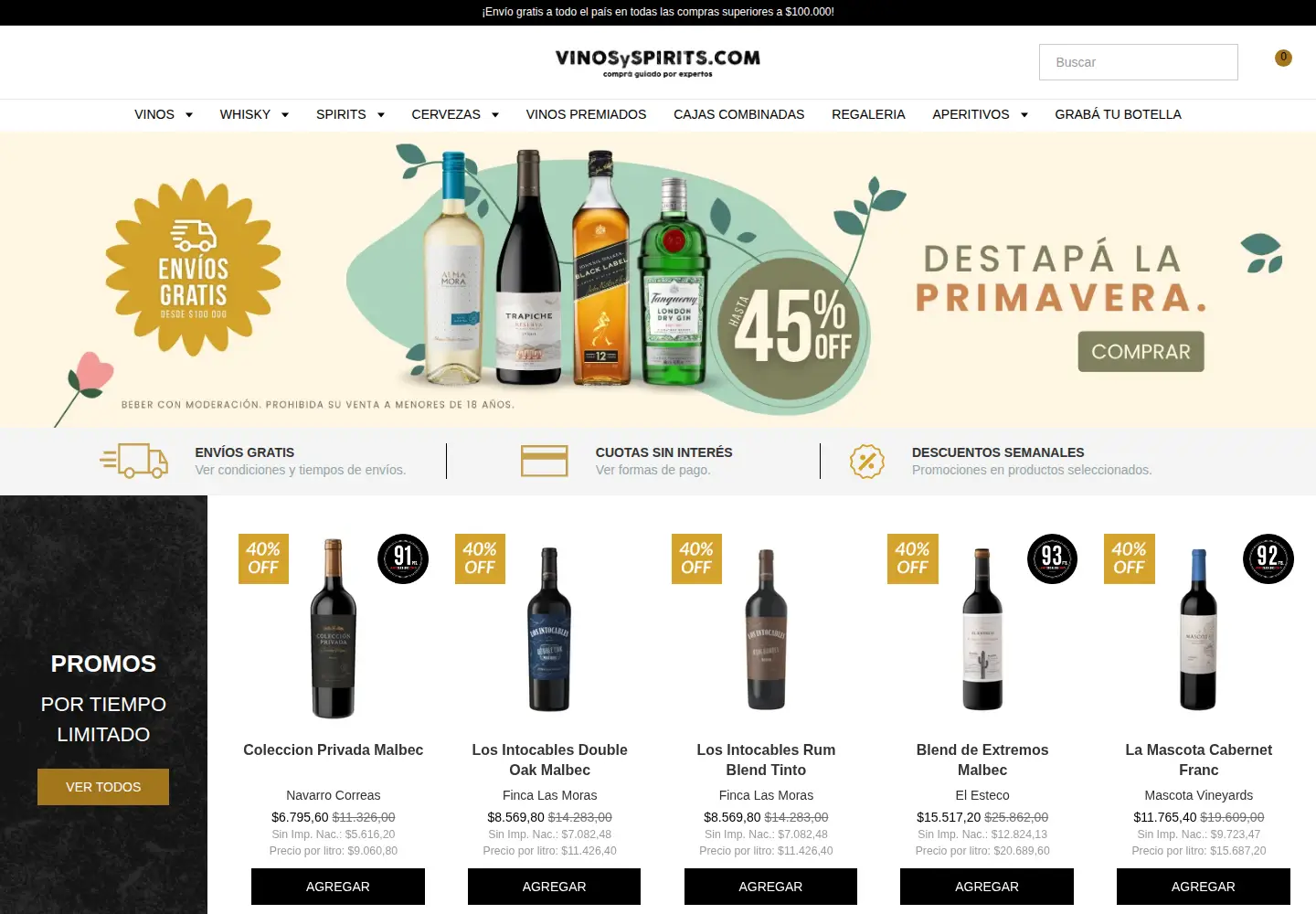 Captured homepage of vinosyspirits.com in the current scan