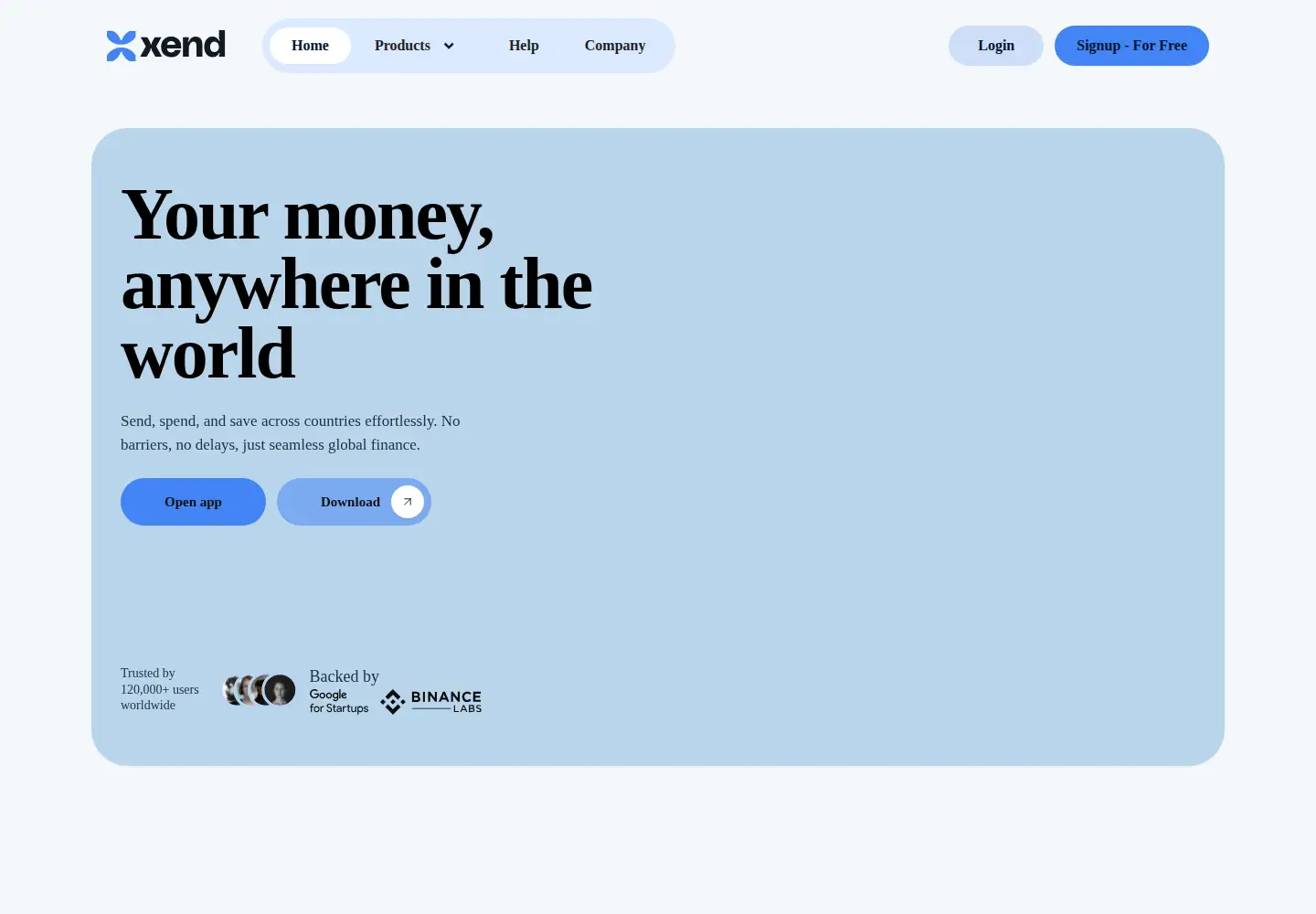 Captured homepage of xend.finance in the current scan