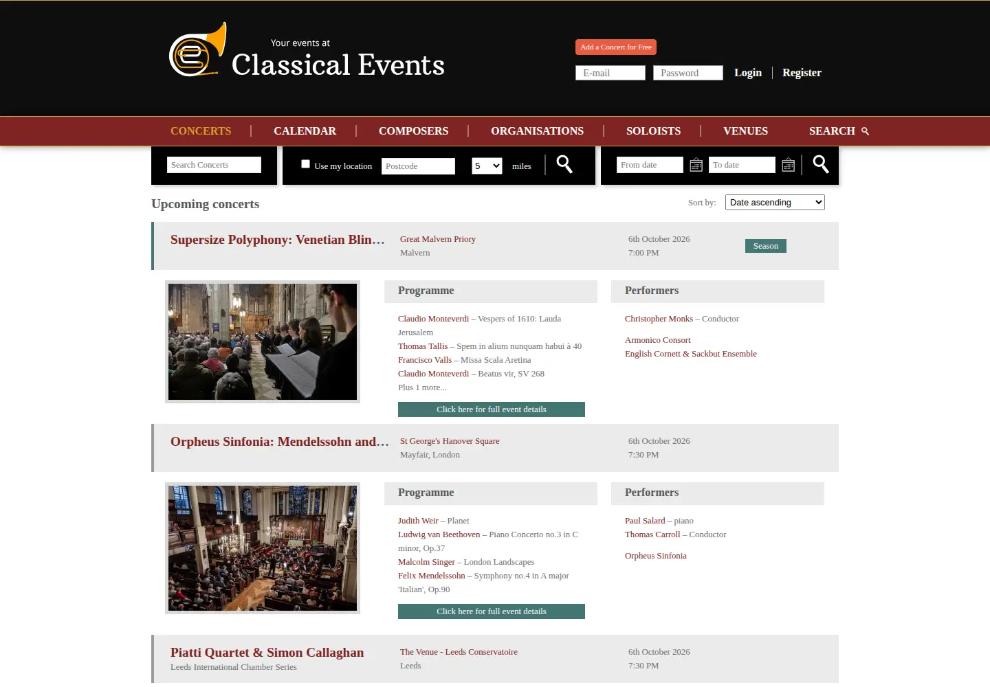 Captured homepage of classicalevents.co.uk in the current scan