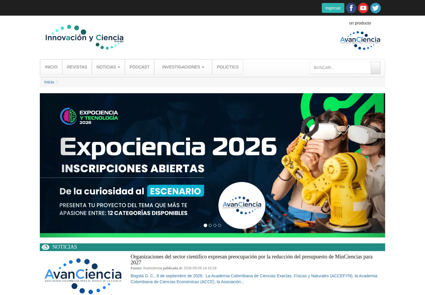 Captured homepage of innovacionyciencia.com in the current scan