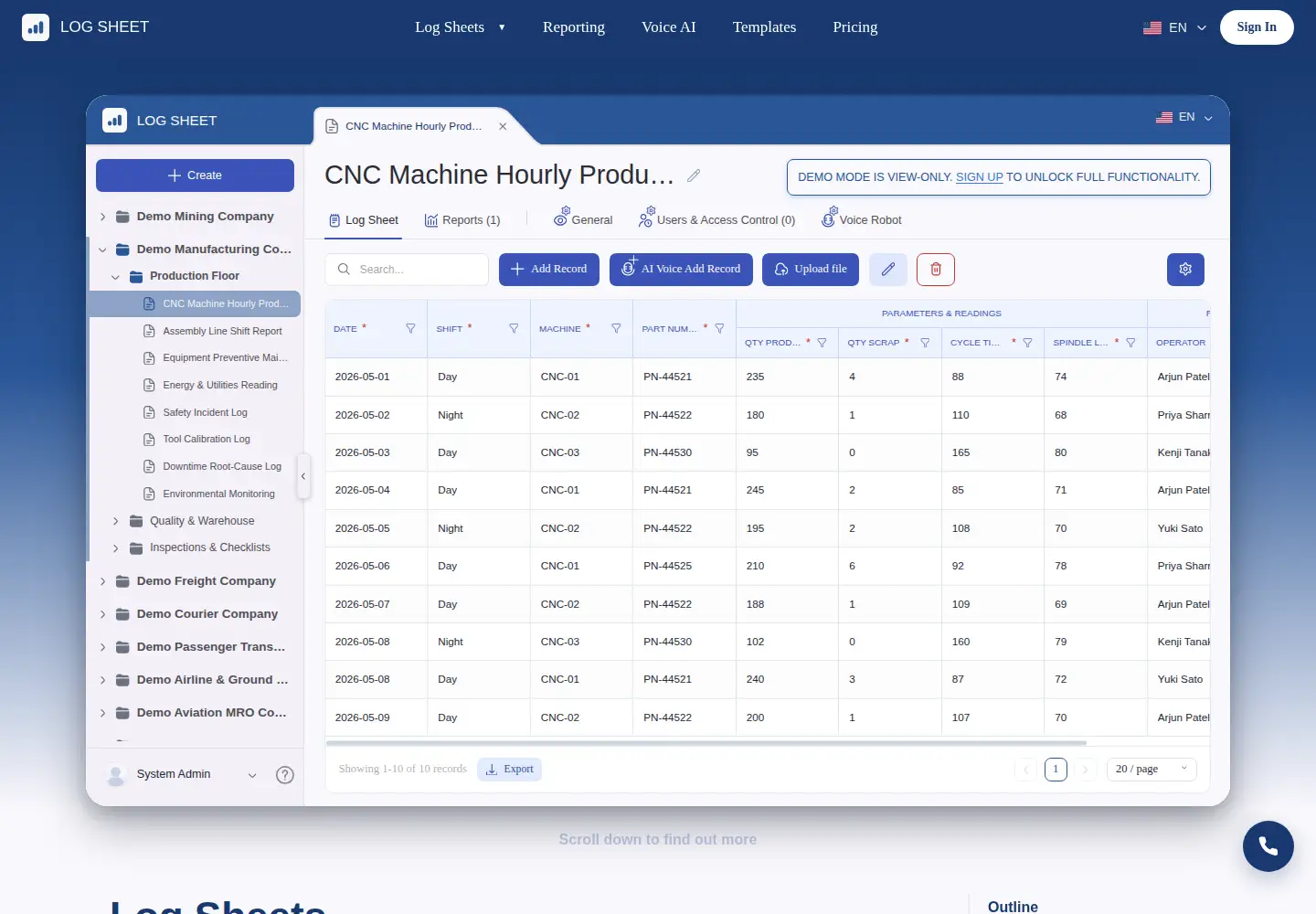 Screenshot of logsheet.ai