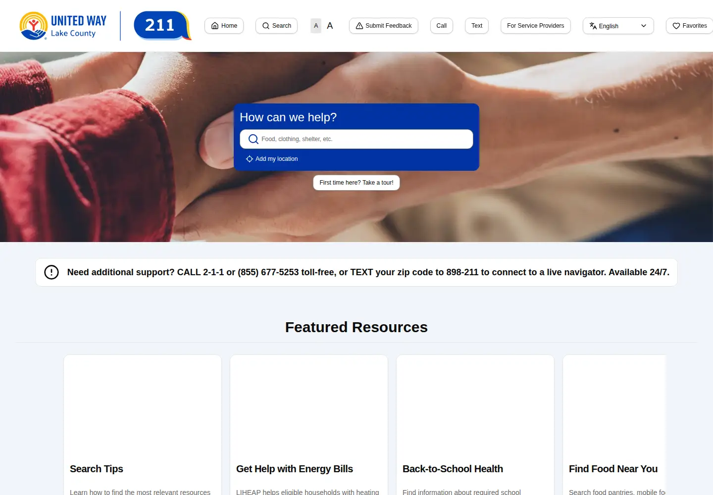 Captured homepage of 211lakecounty.org in the current scan