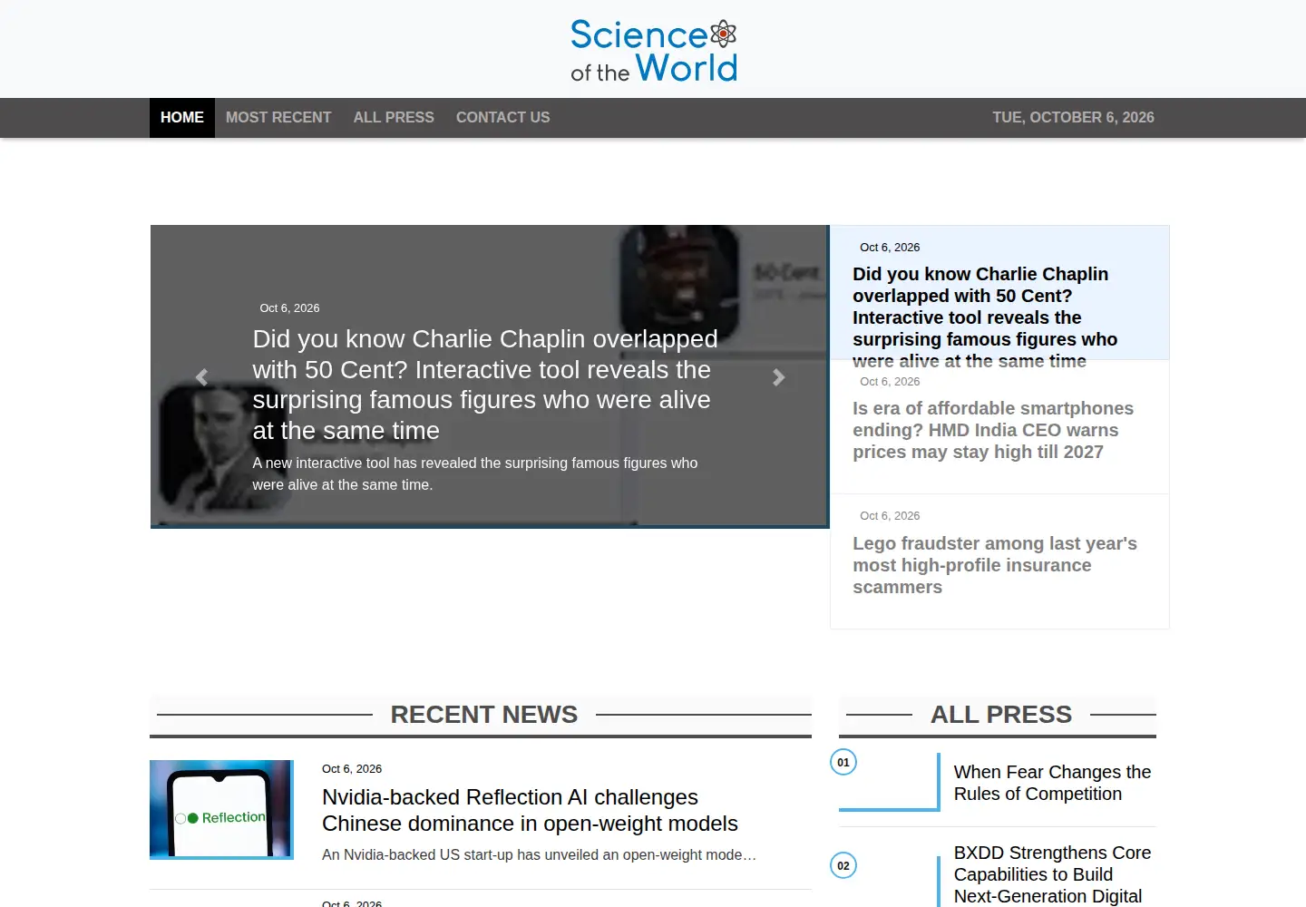 Captured homepage of scienceoftheworld.com in the current scan