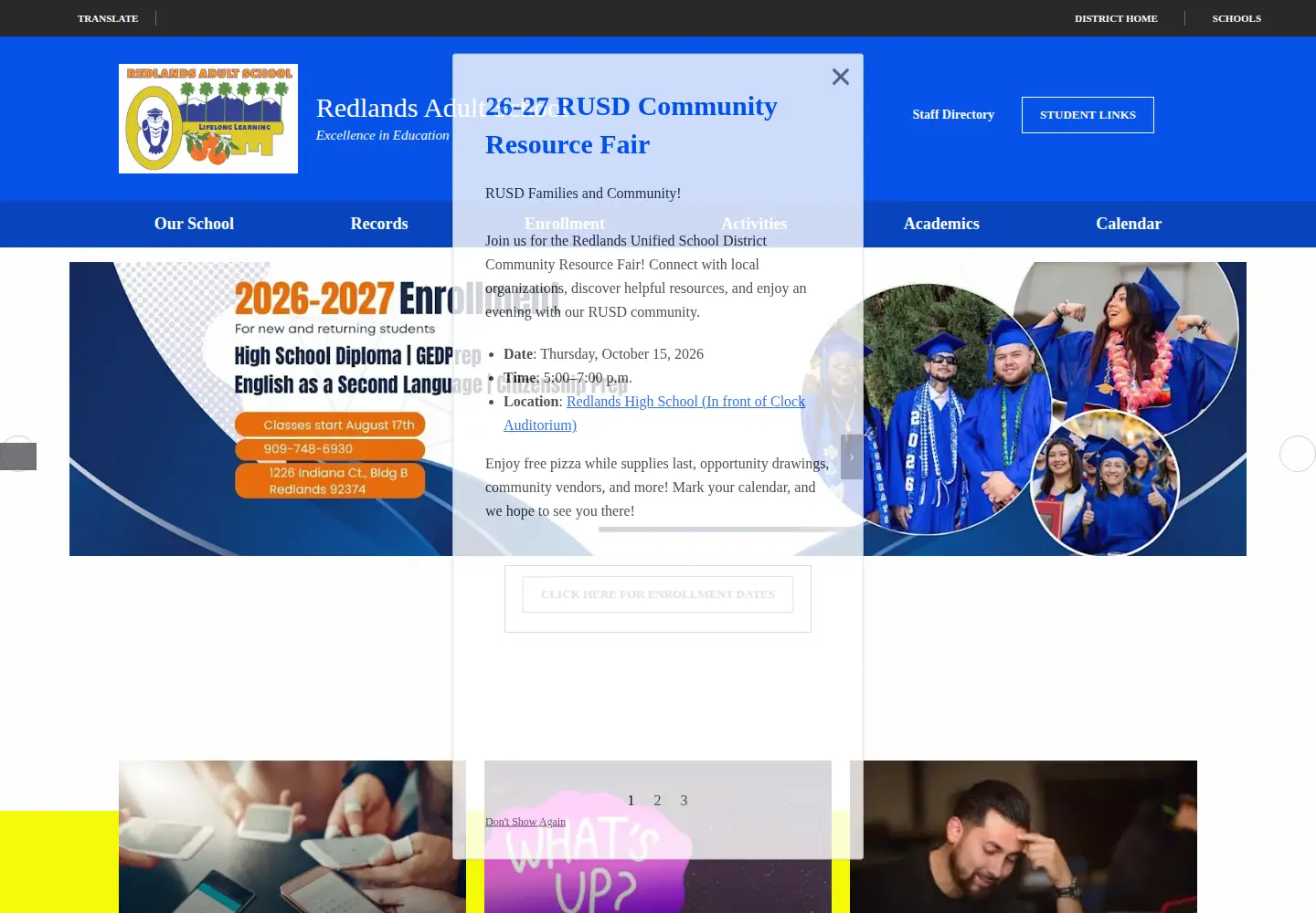 Captured homepage of redlandsadultschool.org in the current scan