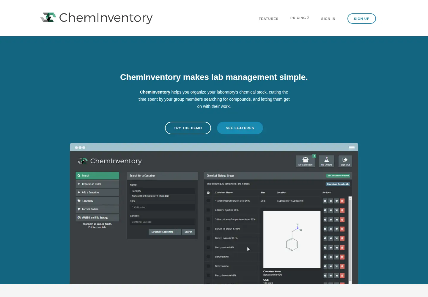 Captured homepage of cheminventory.net in the current scan