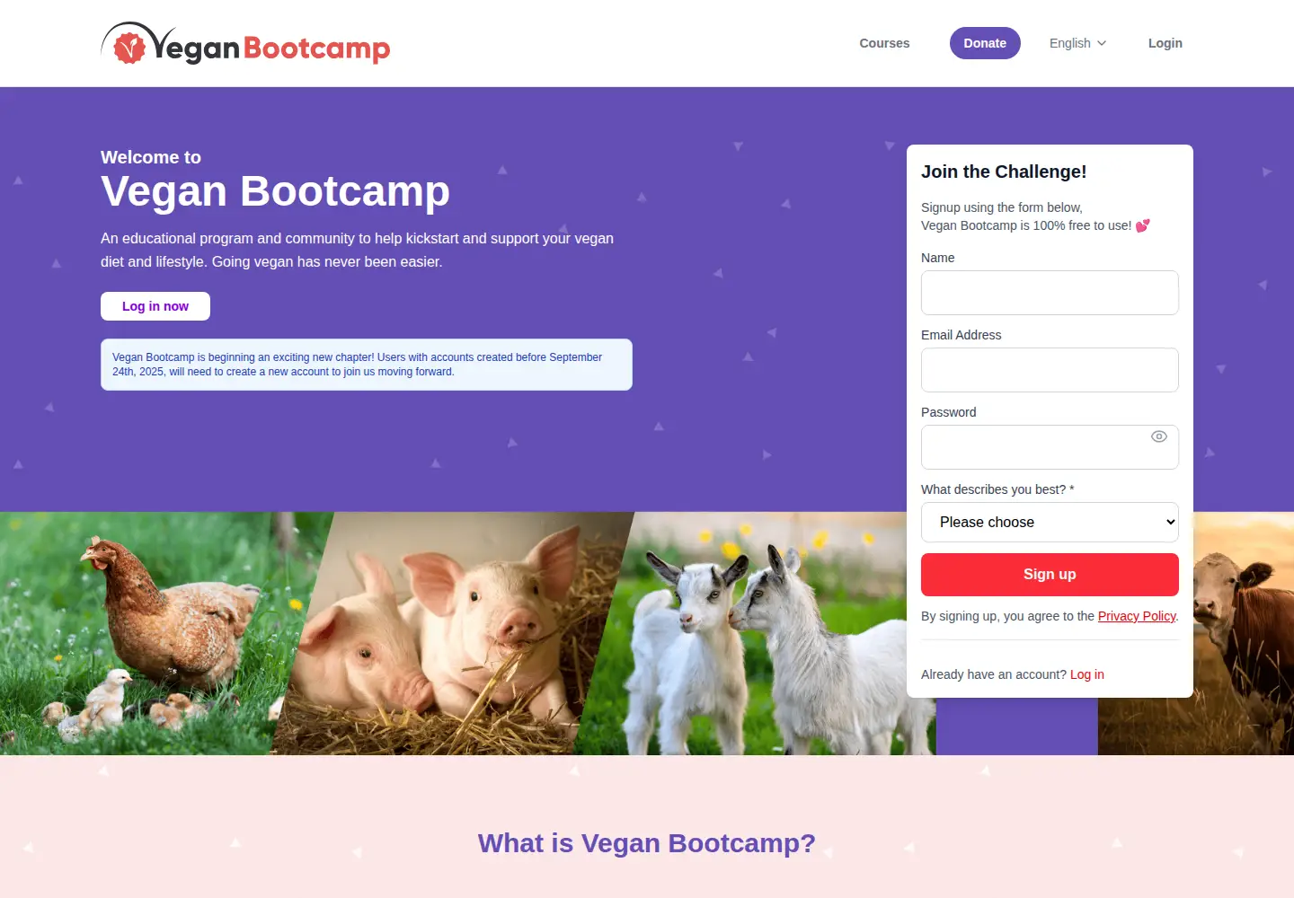 Screenshot of veganbootcamp.org