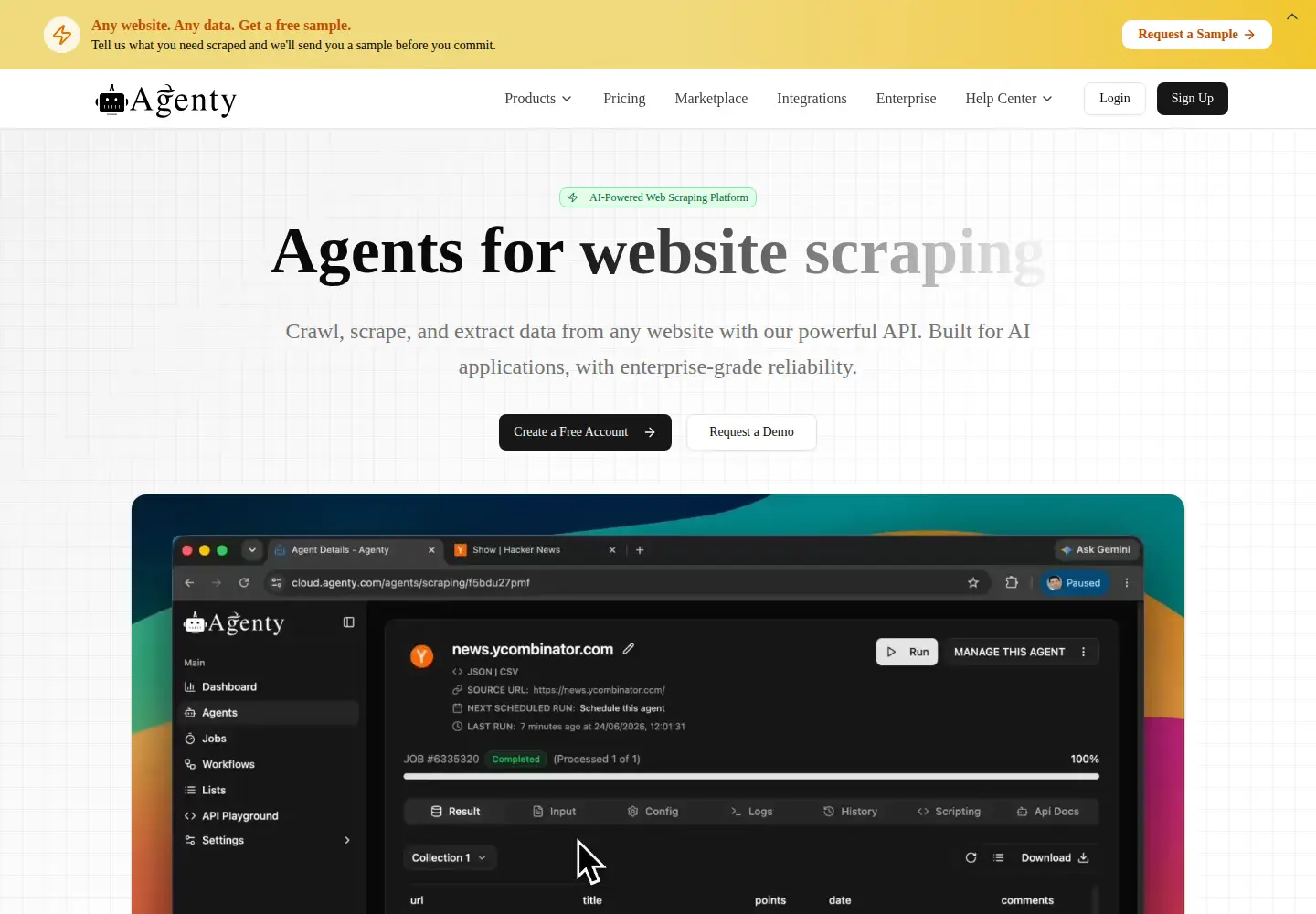 Captured homepage of agenty.com in the current scan