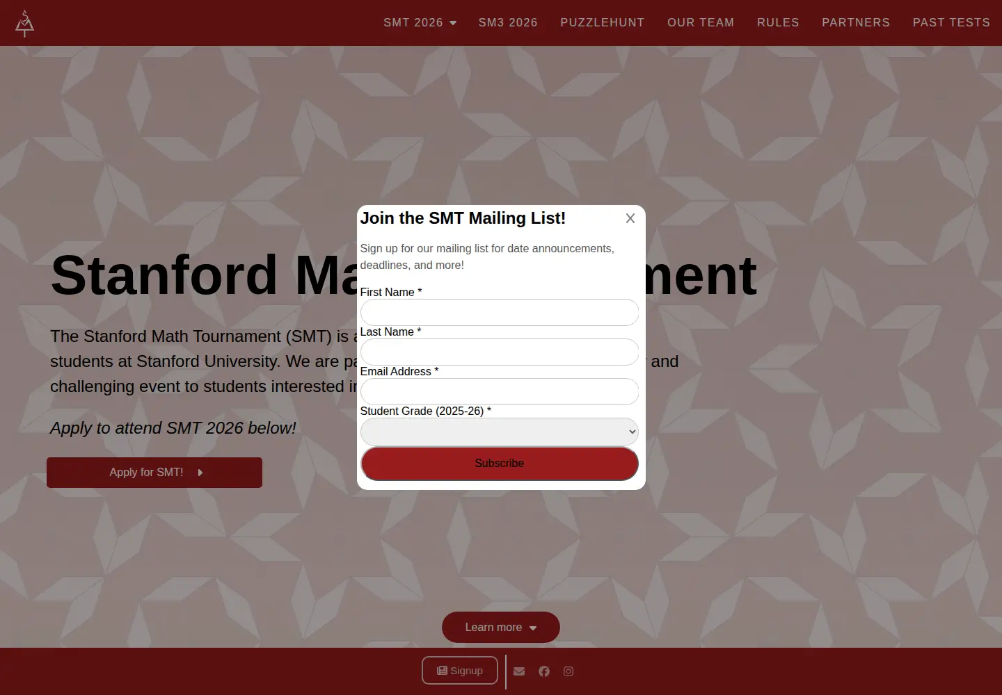 Captured homepage of stanfordmathtournament.com in the current scan