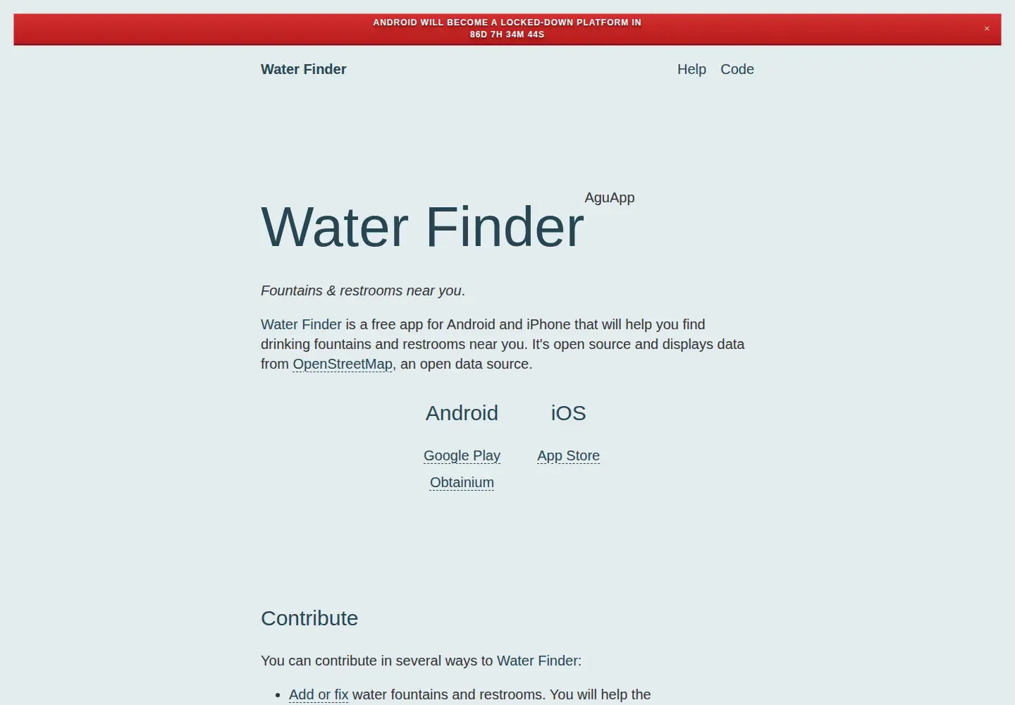 Captured homepage of waterfinder.org in the current scan