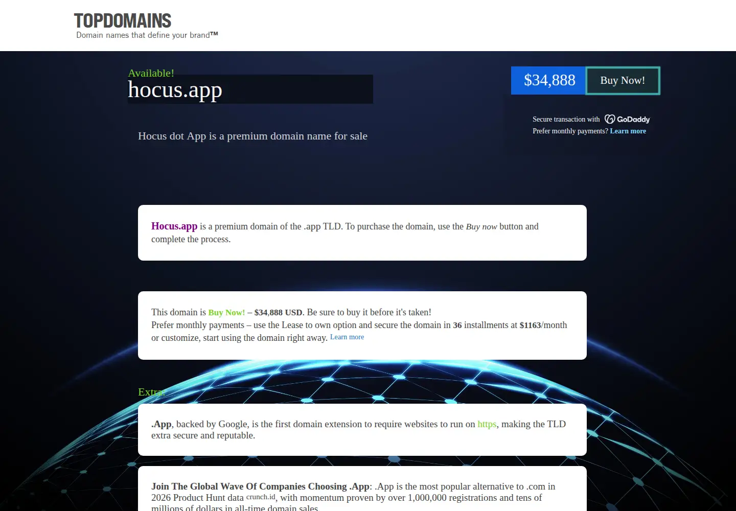 Captured homepage of hocus.app in the current scan