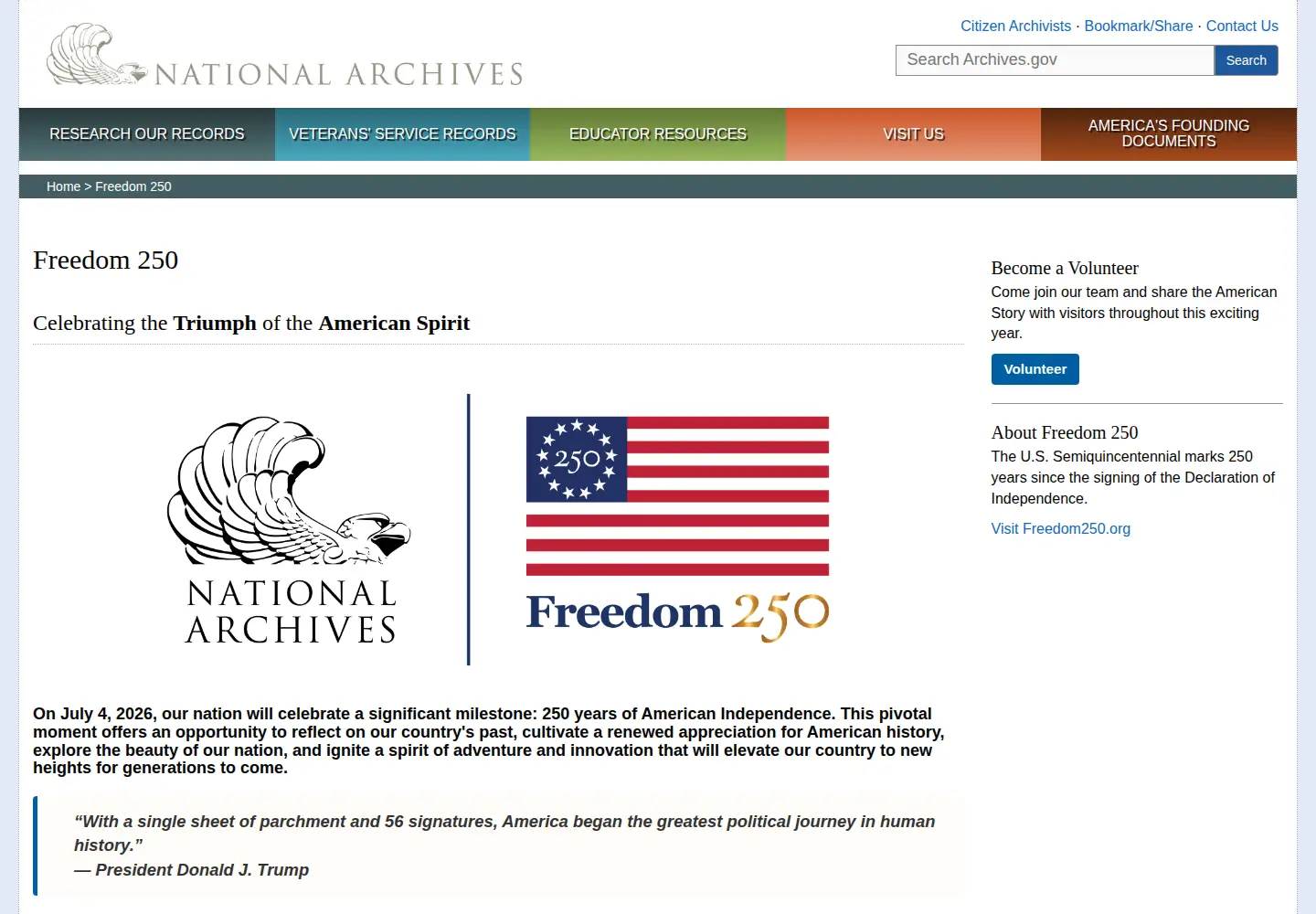 Captured homepage of declaration250.gov in the current scan