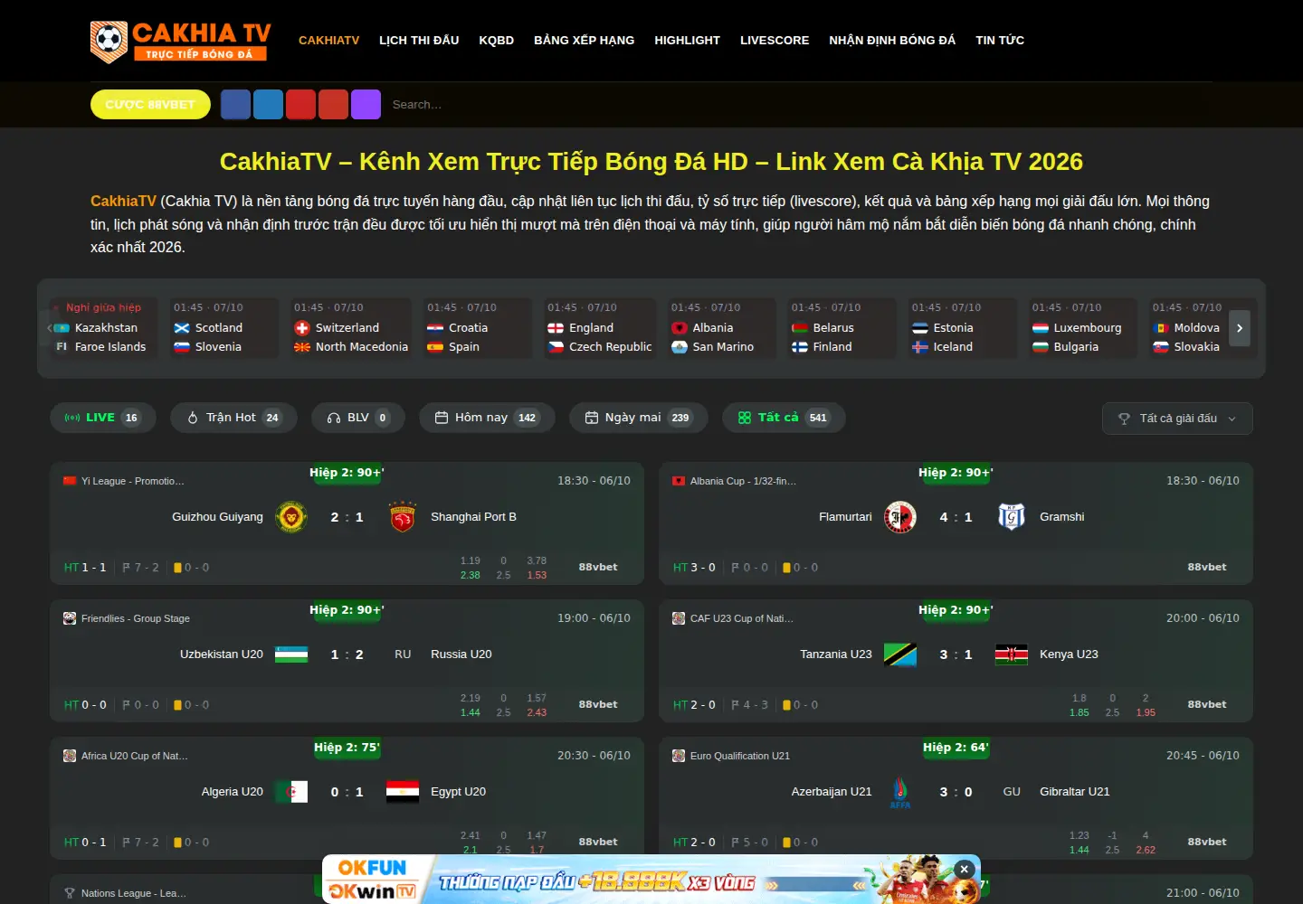 Captured homepage of cakhiatv86.com in the current scan