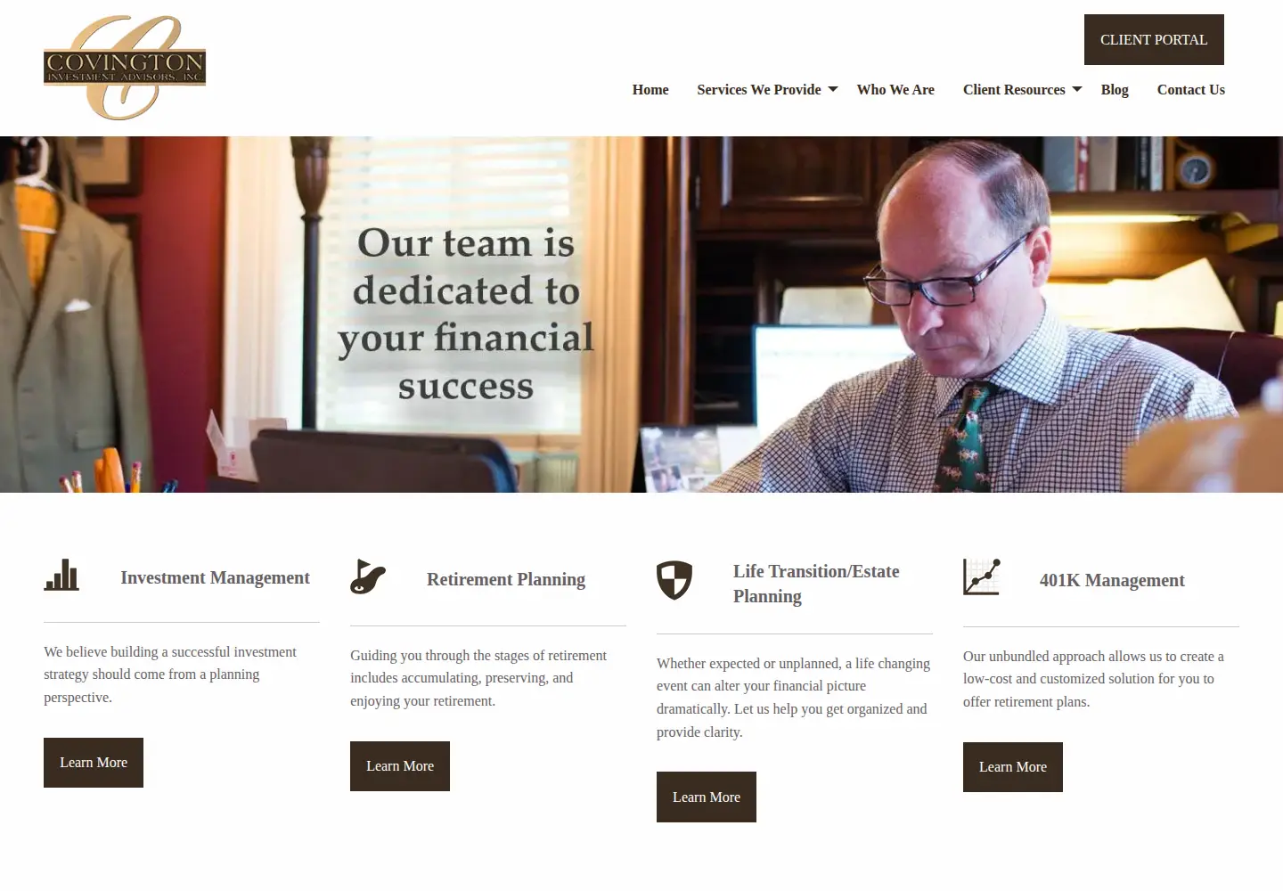 Captured homepage of covingtoninvestment.com in the current scan