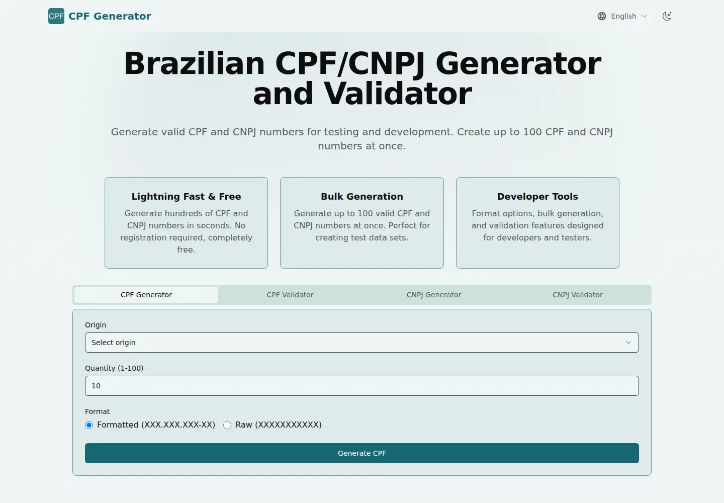 Screenshot of cpfgenerator.org