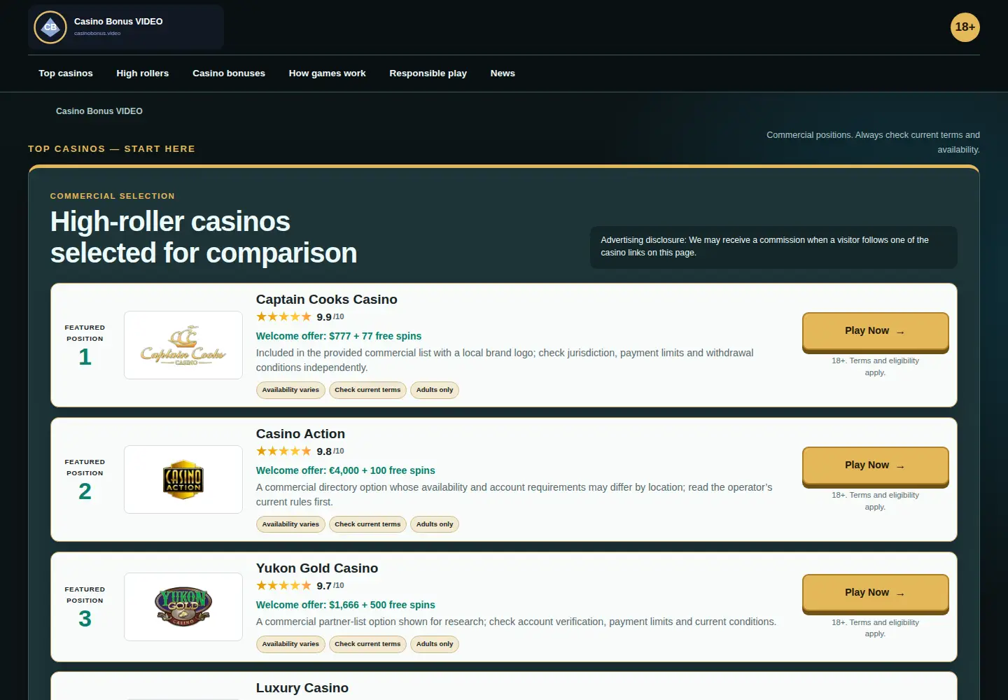 Screenshot of casinobonus.video