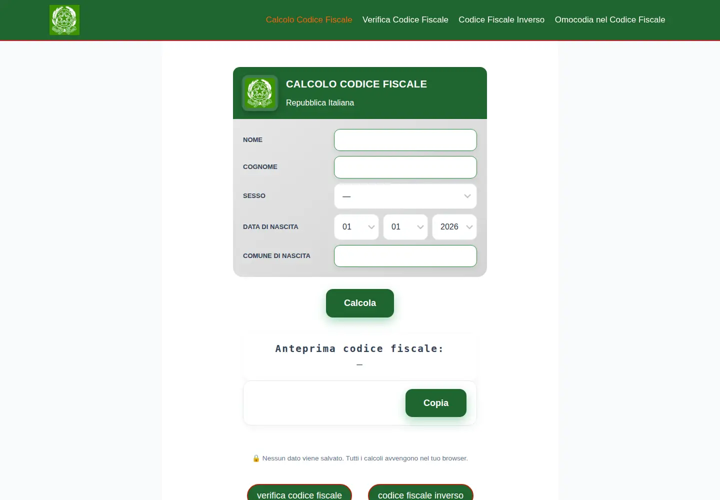 Captured homepage of calcolocodicefiscalee.com in the current scan