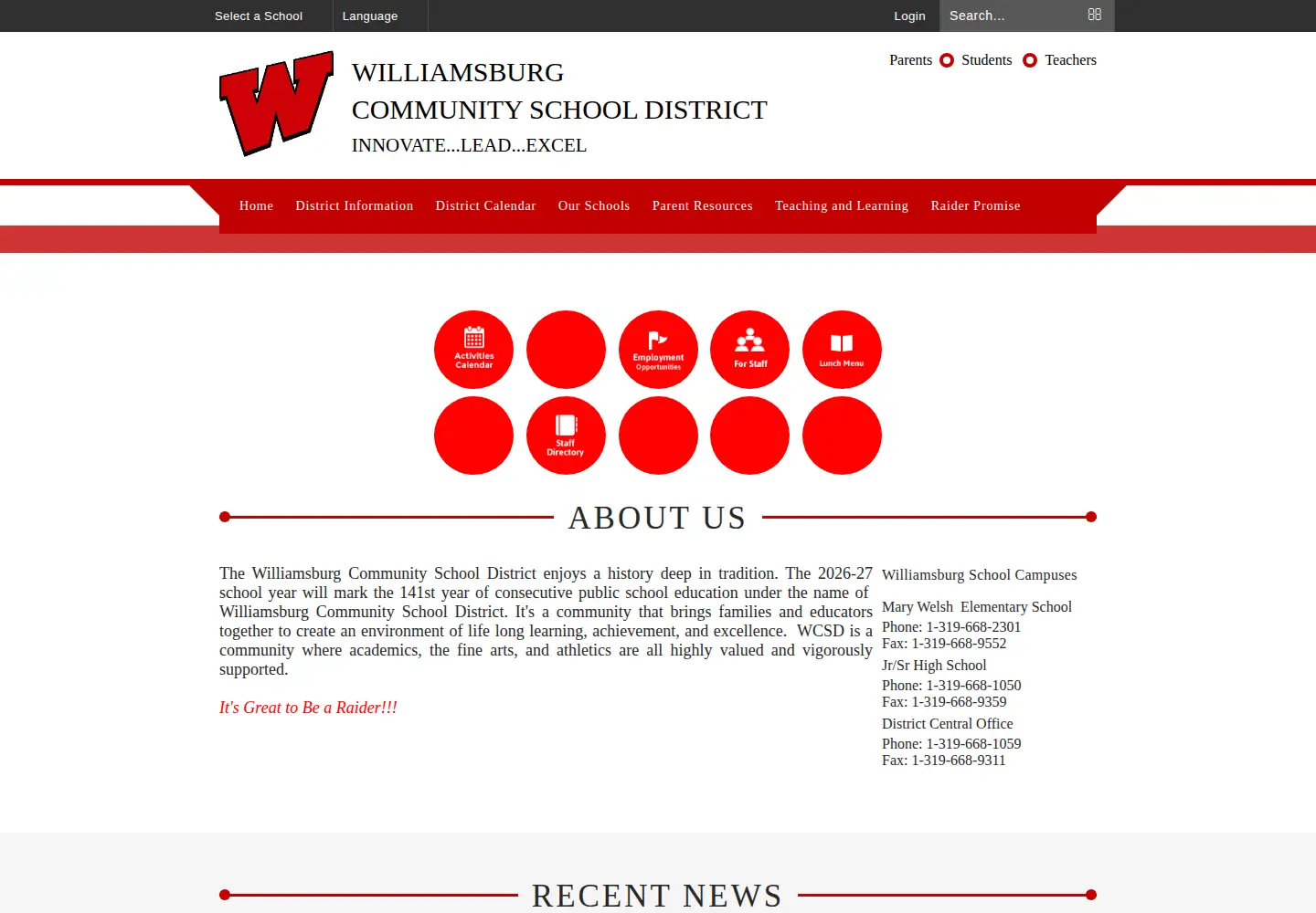 Captured homepage of williamsburg.k12.ia.us in the current scan