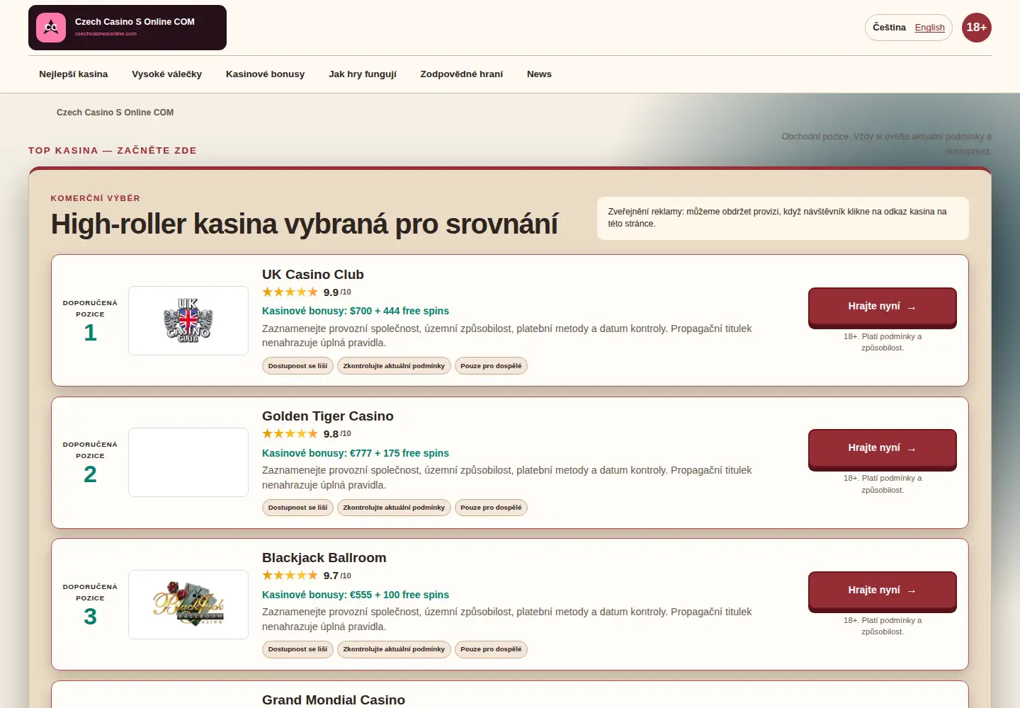 Screenshot of czechcasinosonline.com