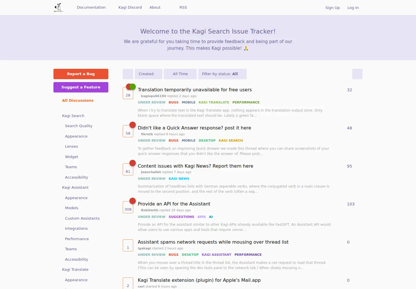 Captured homepage of kagifeedback.org in the current scan