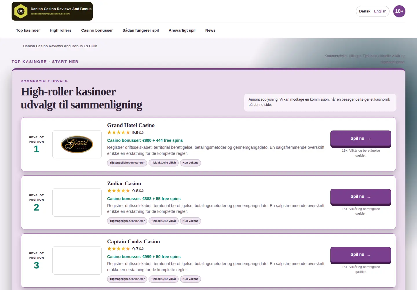 Screenshot of danishcasinoreviewsandbonuses.com