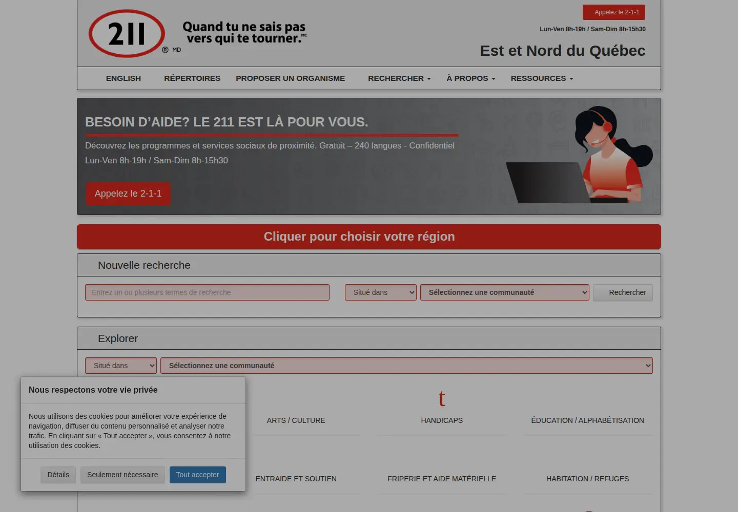 Screenshot of 211quebecregions.ca