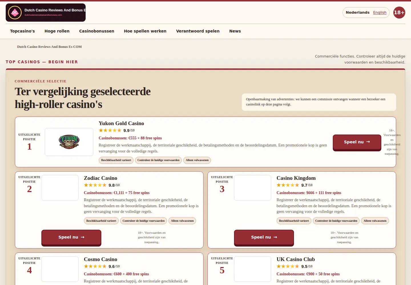 Screenshot of dutchcasinoreviewsandbonuses.com
