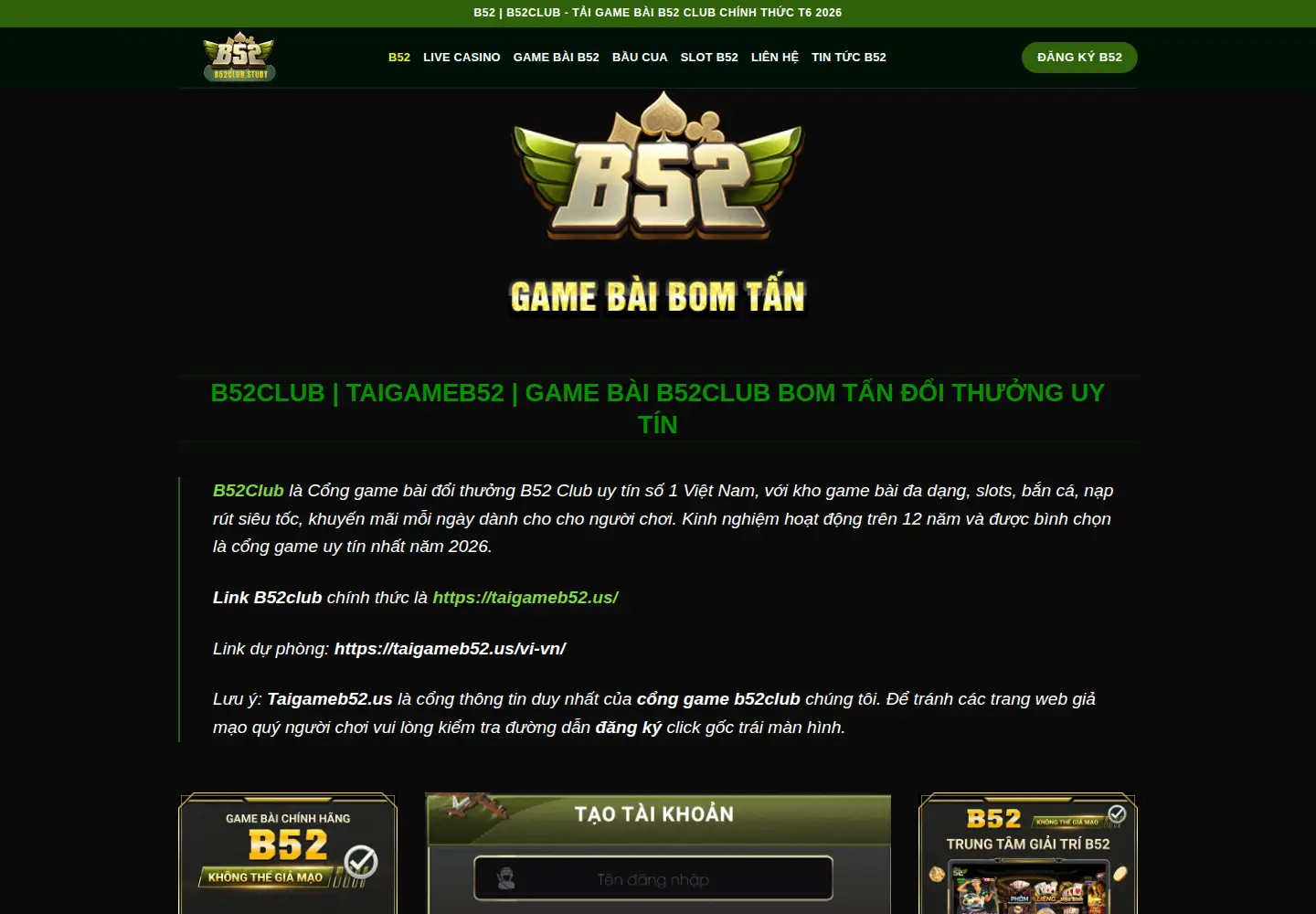 Captured homepage of b52club.study in the current scan