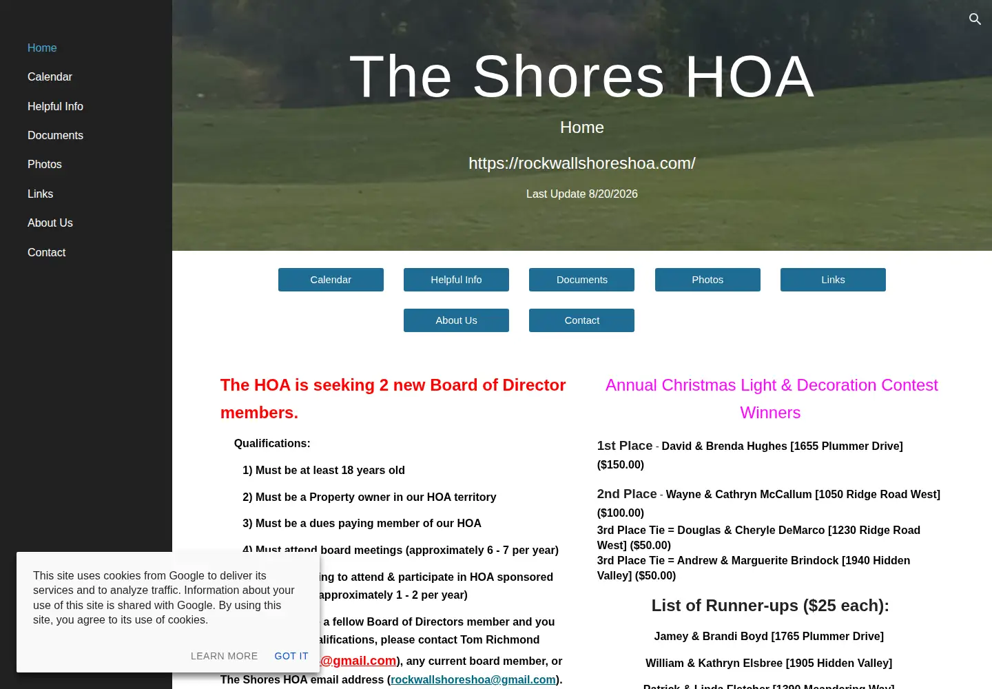 Captured homepage of rockwallshoreshoa.com in the current scan