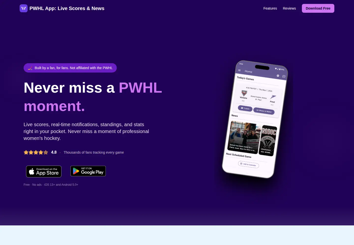 Screenshot of pwhl.app