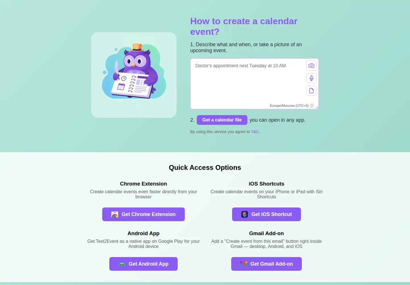 Screenshot of text2event.com