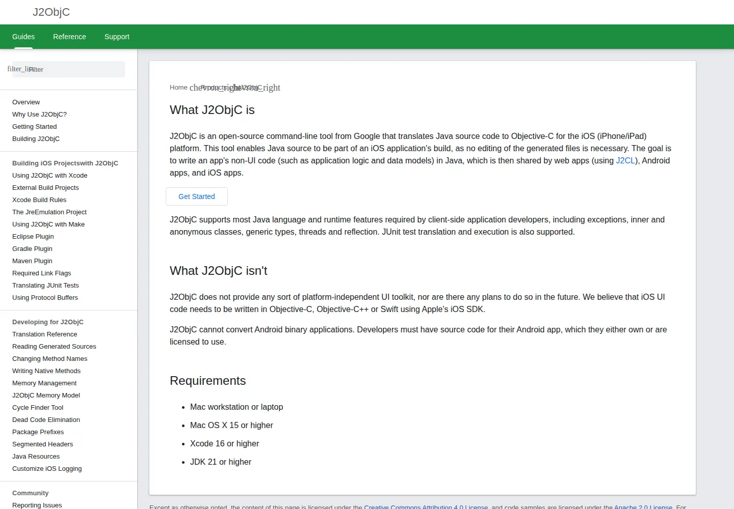 Screenshot of j2objc.org from the current report
