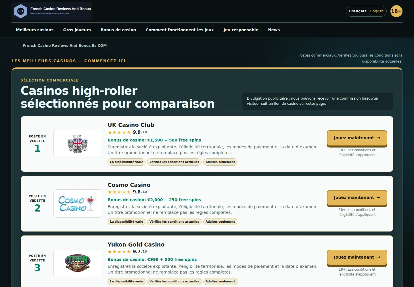 Screenshot of frenchcasinoreviewsandbonuses.com