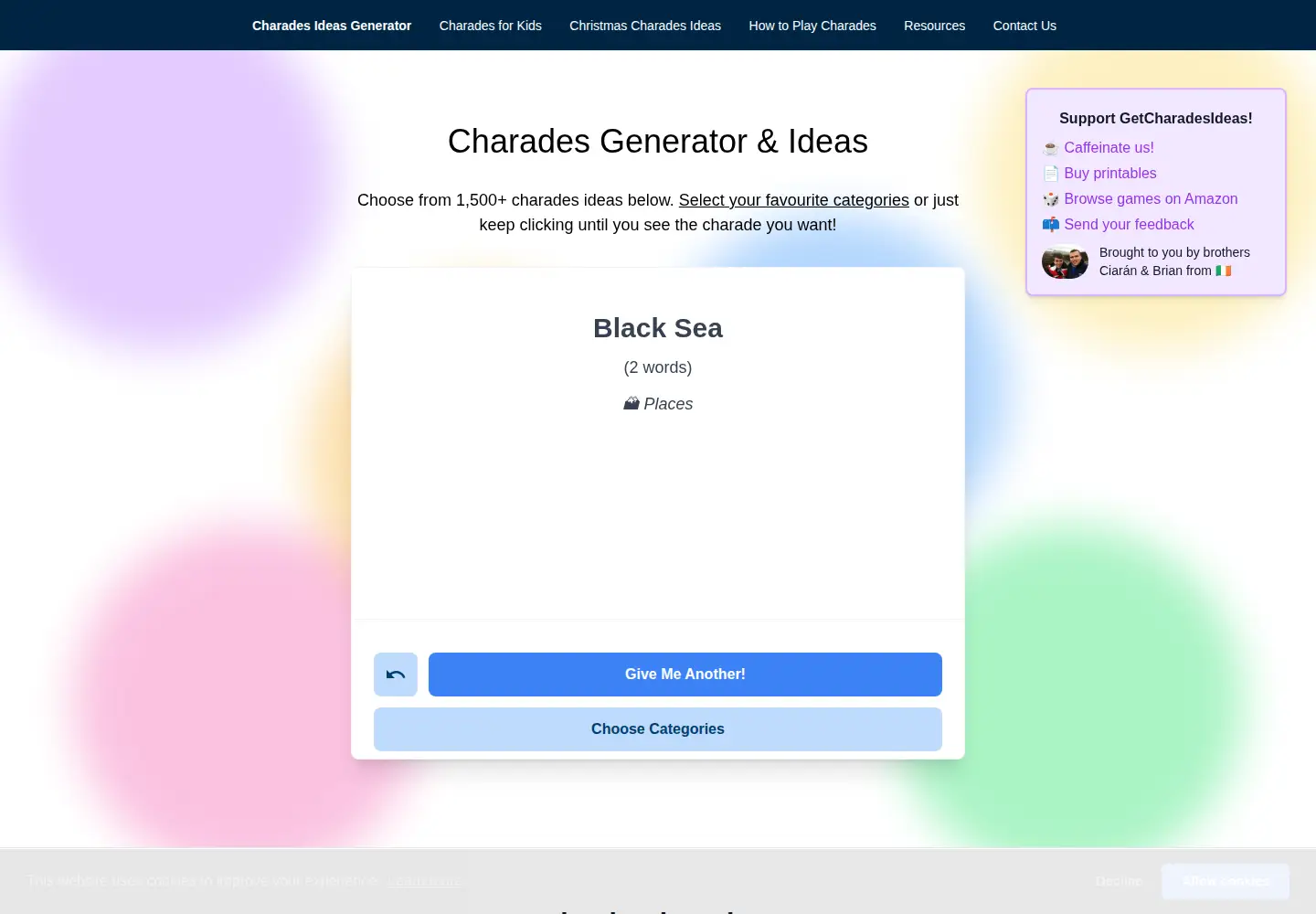 Captured homepage of getcharadesideas.com in the current scan