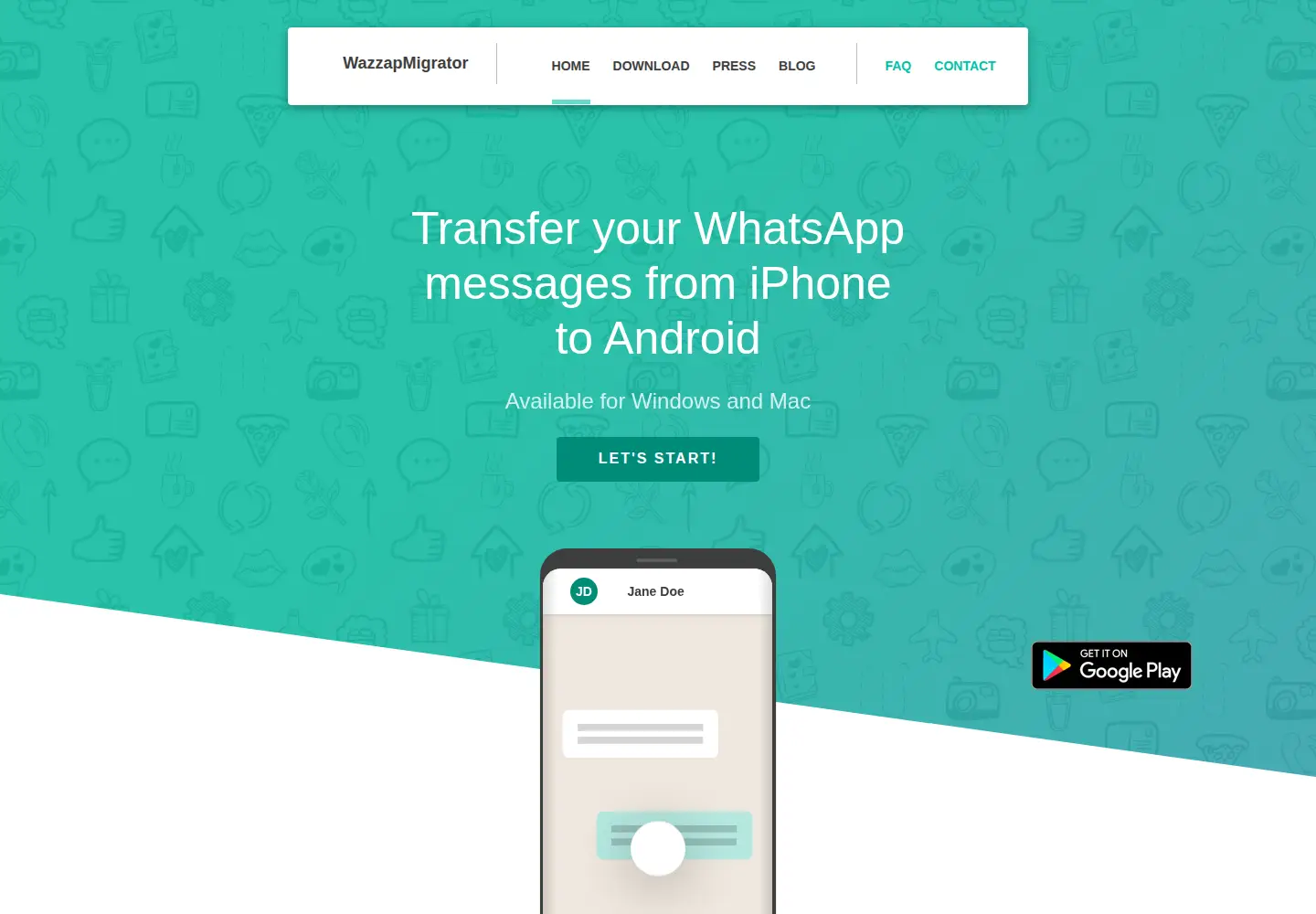 Captured homepage of wazzapmigrator.com in the current scan