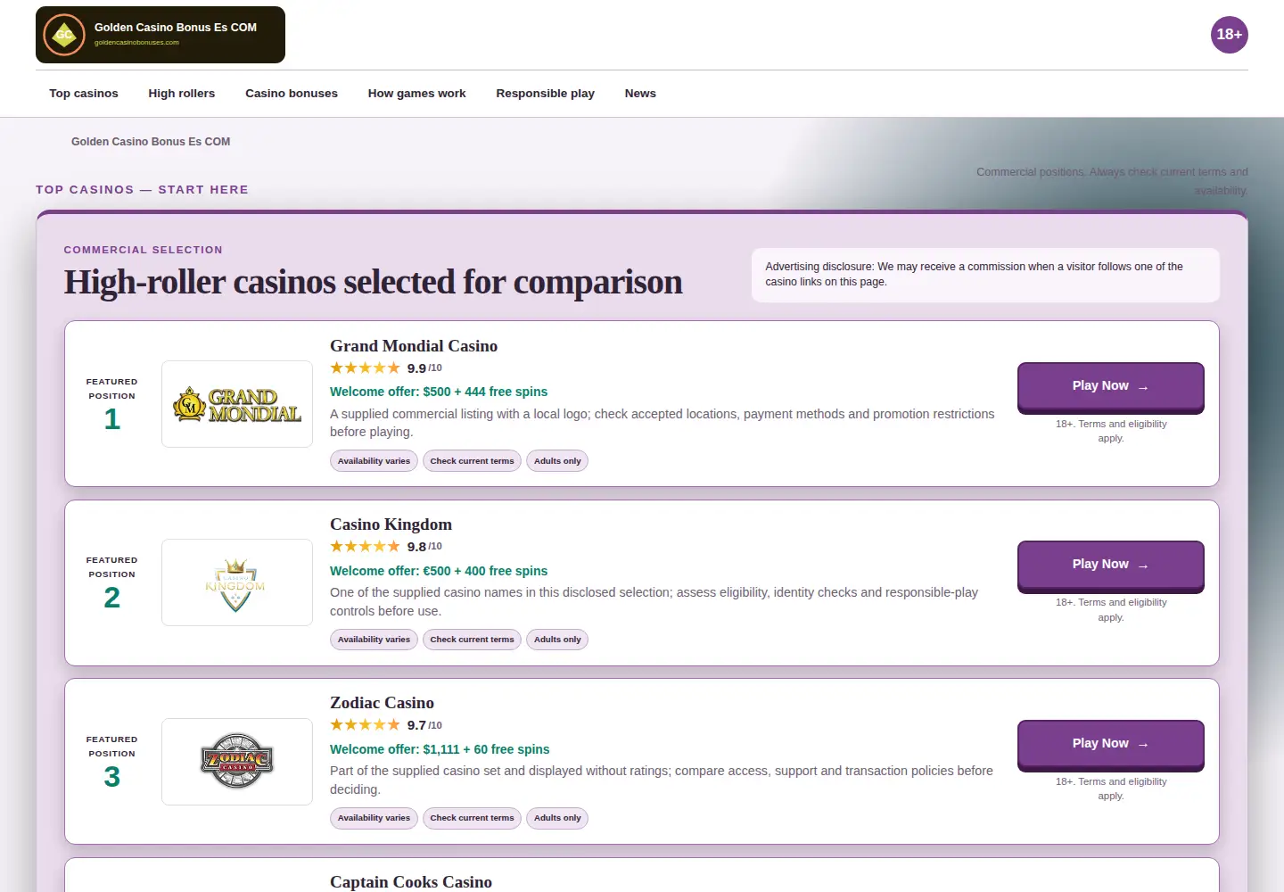 Screenshot of goldencasinobonuses.com