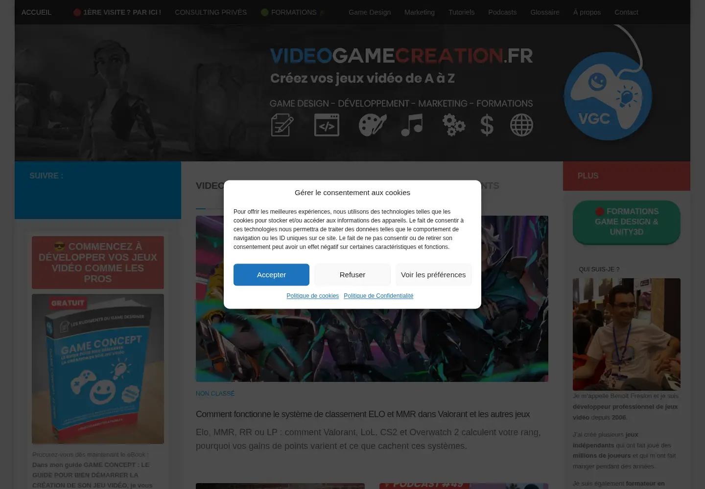 Captured homepage of videogamecreation.fr in the current scan