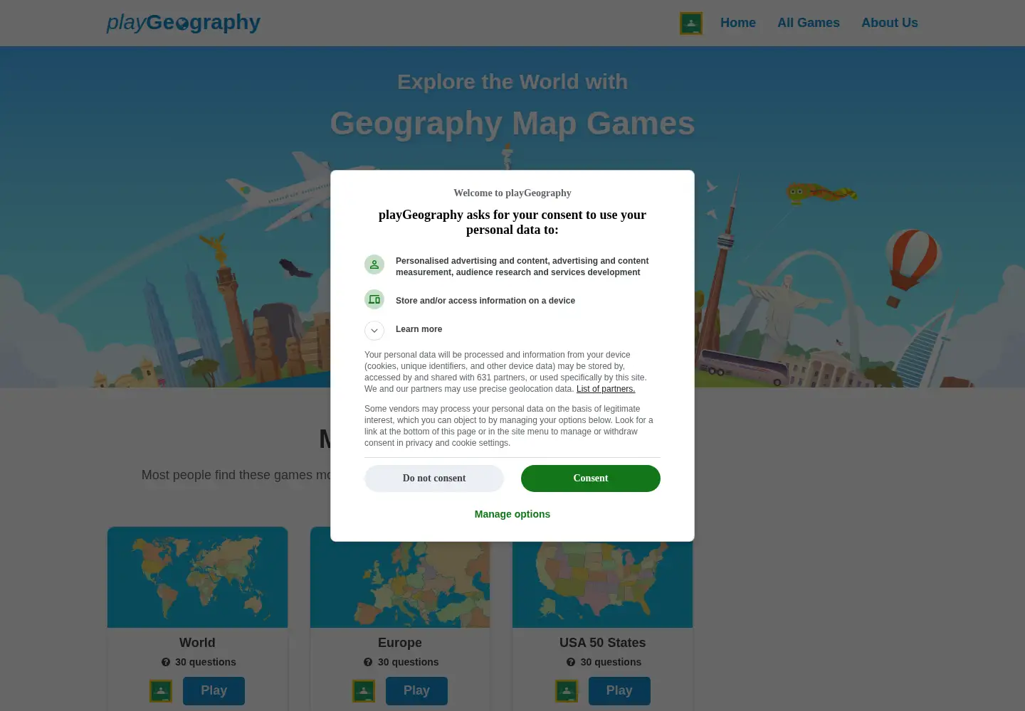 Captured homepage of playgeography.com in the current scan
