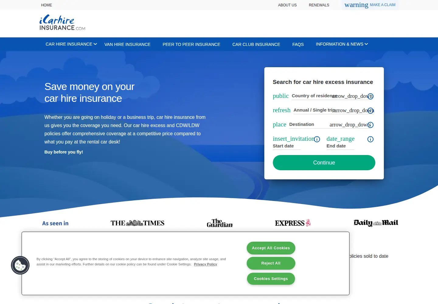 Captured homepage of icarhireinsurance.com in the current scan