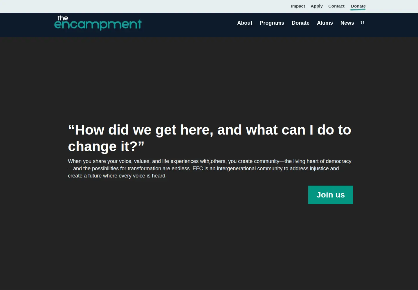 Captured homepage of encampmentforcitizenship.org in the current scan