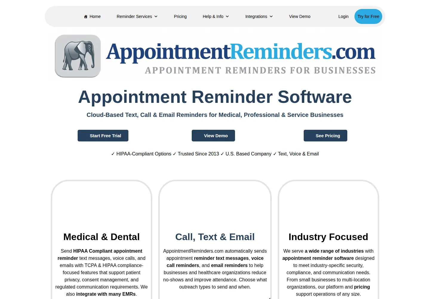 Captured homepage of appointmentreminders.com in the current scan