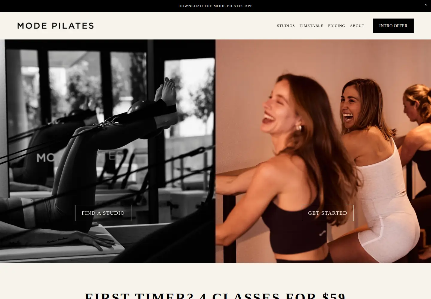 Captured homepage of modepilates.com in the current scan