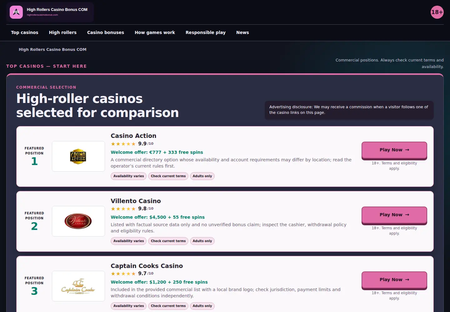 Screenshot of highrollerscasinobonus.com