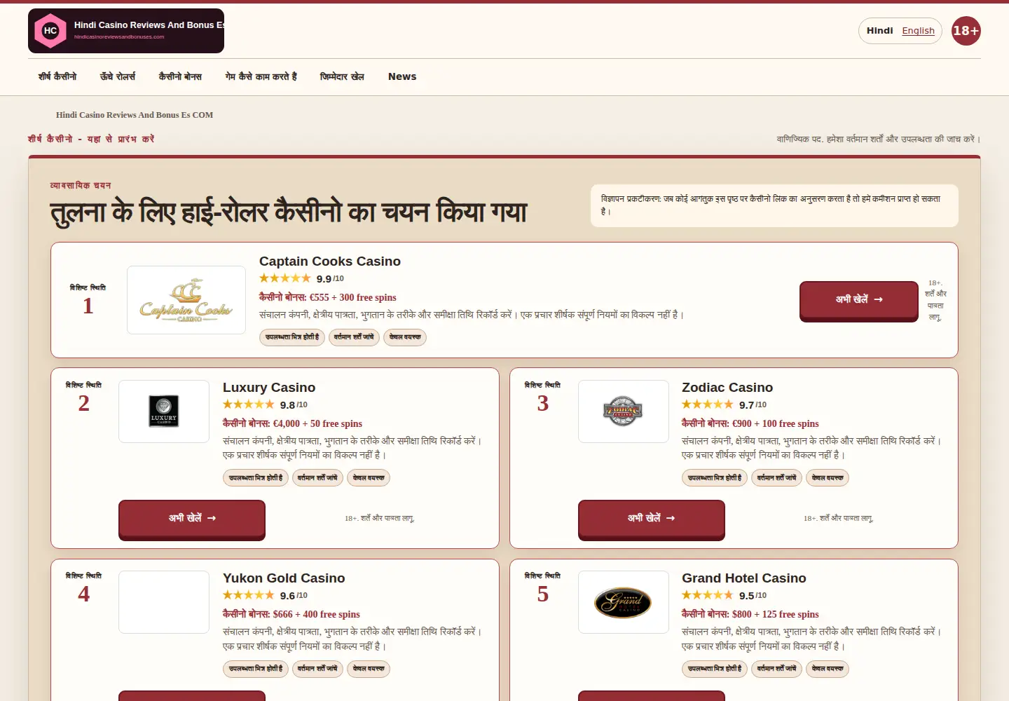 Screenshot of hindicasinoreviewsandbonuses.com