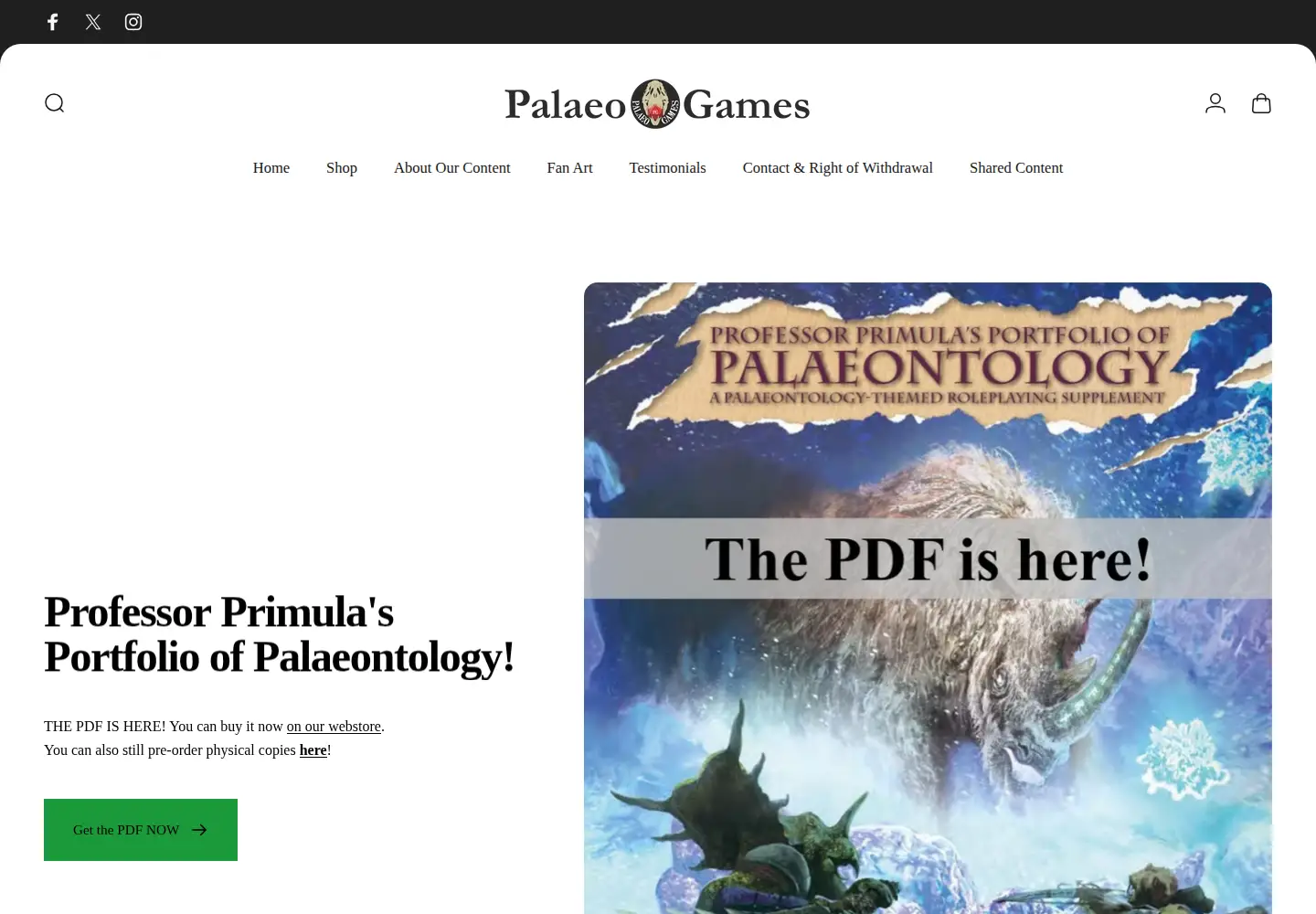 Captured homepage of palaeogames.com in the current scan