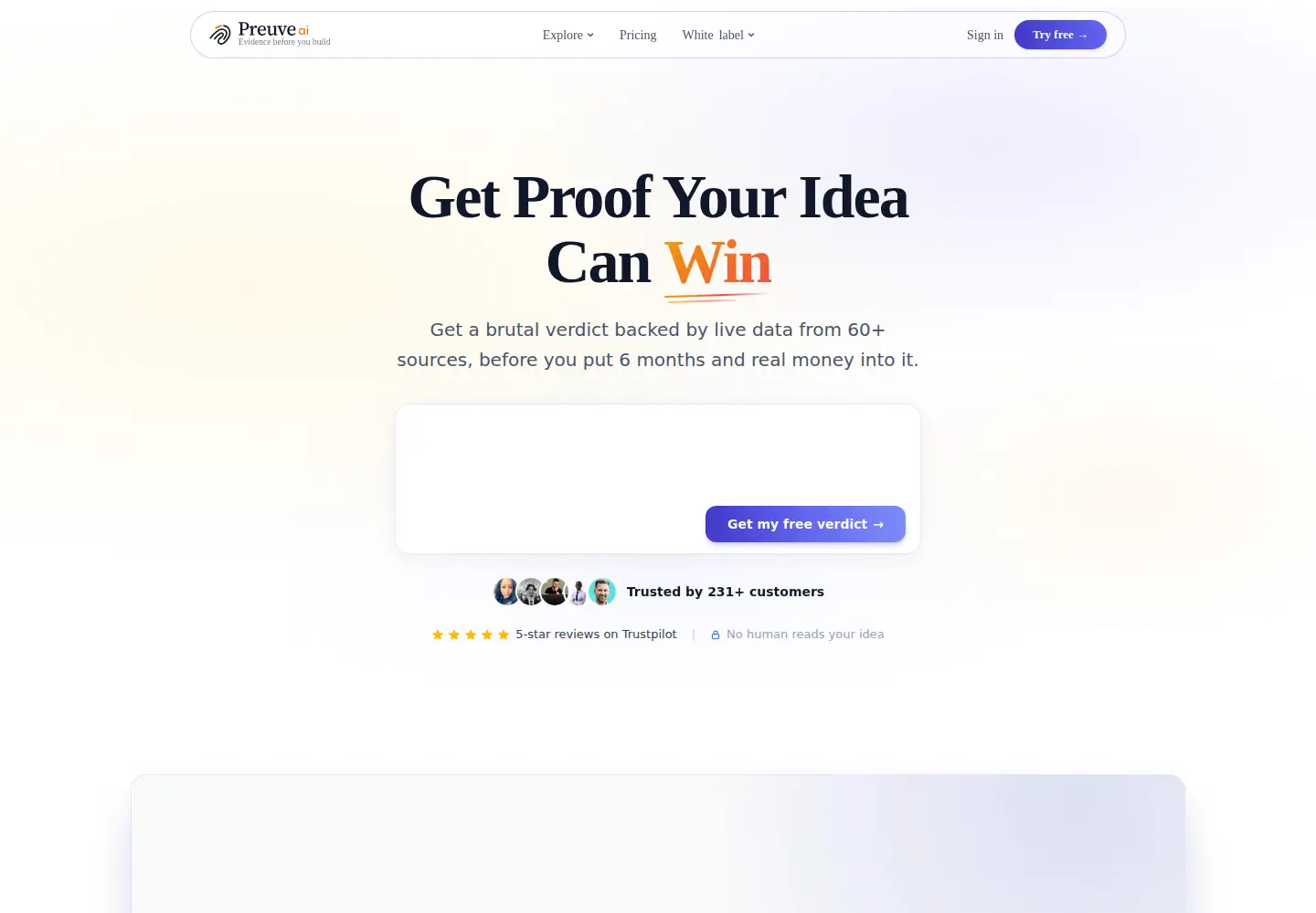 Captured homepage of preuve.ai in the current scan